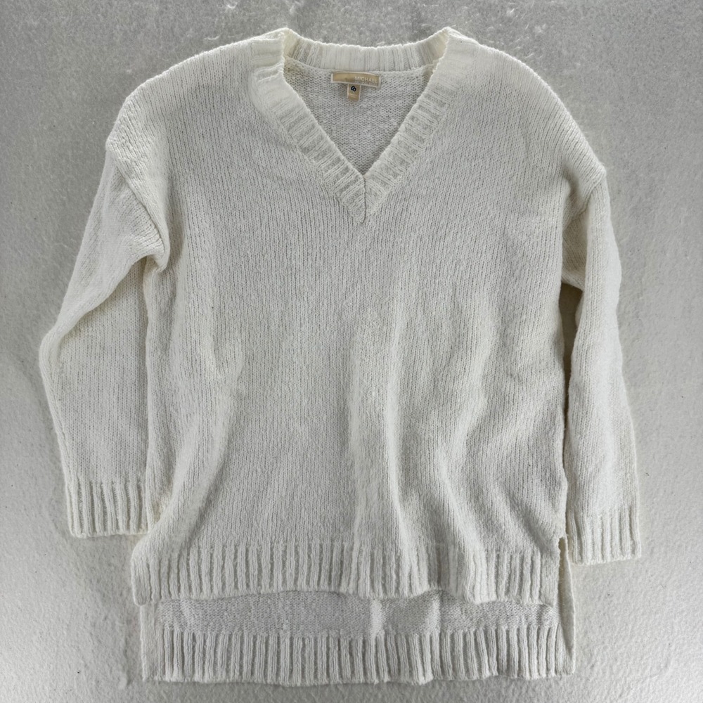 Michael Kors - V-Neck Chunky Knit High-Low Sweater - Off-White - L - Women